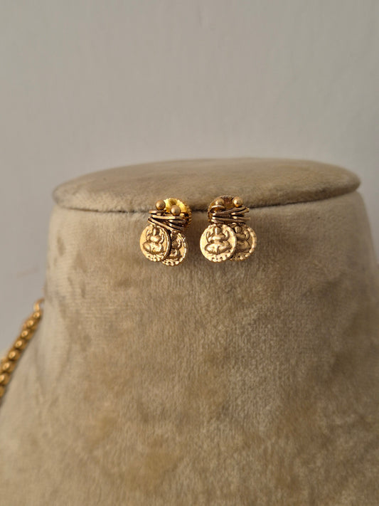 gold-toned earrings featuring textured metallic bead motifs and woven patterns with round earrings By naitri.in