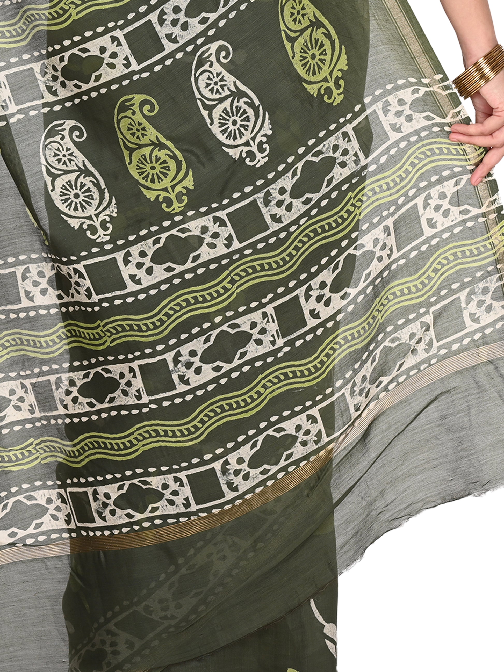 Olive green and white hand-block printed saree handcrafted in Bagh, blending traditional heritage motifs with a premium silk-blend texture pallu by naitri.in