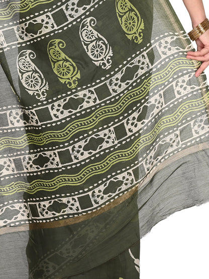 Olive green and white hand-block printed saree handcrafted in Bagh, blending traditional heritage motifs with a premium silk-blend texture pallu by naitri.in
