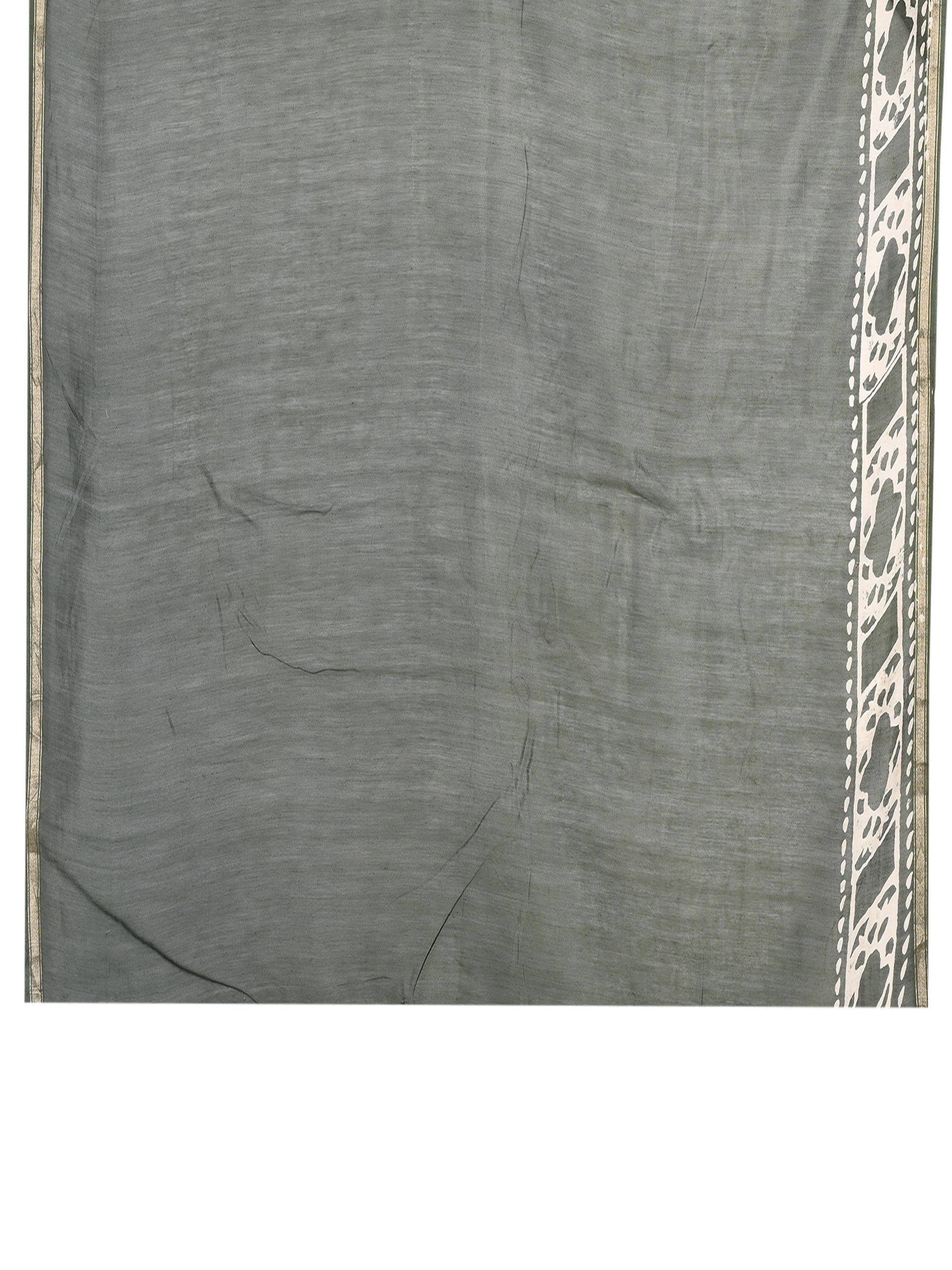 Olive green hand block printed cotton-silk saree with white paisley patterns and gold border blouse by naitri.in