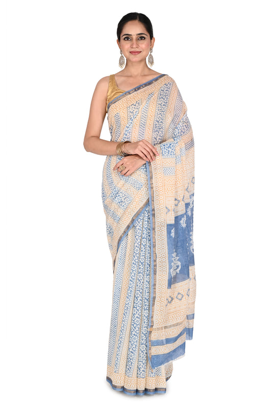  Eartha Maheshwari Saree, a beige and blue hand block printed cotton silk saree with geometric patterns and a gold border by naitri.in