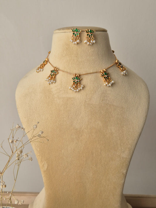 necklace and earrings, Gold and green lotus jewelry set with snake chain by naitri.in