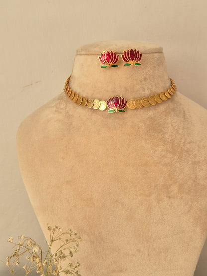 traditional brass alloy gold-tone choker necklace and lotus flower studs with pink and green enamel detailing by naitri.in