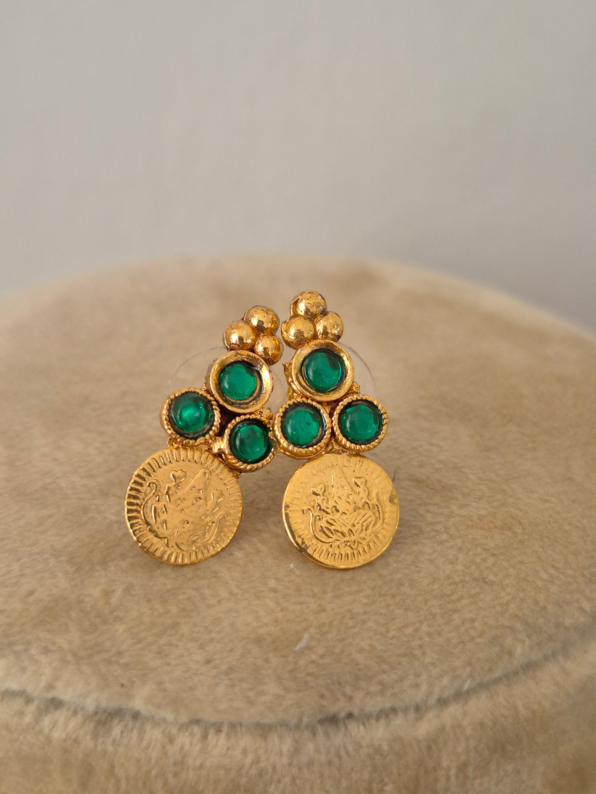 Gold-plated traditional coin earring with green bead stones and matching earrings by naitri.in
