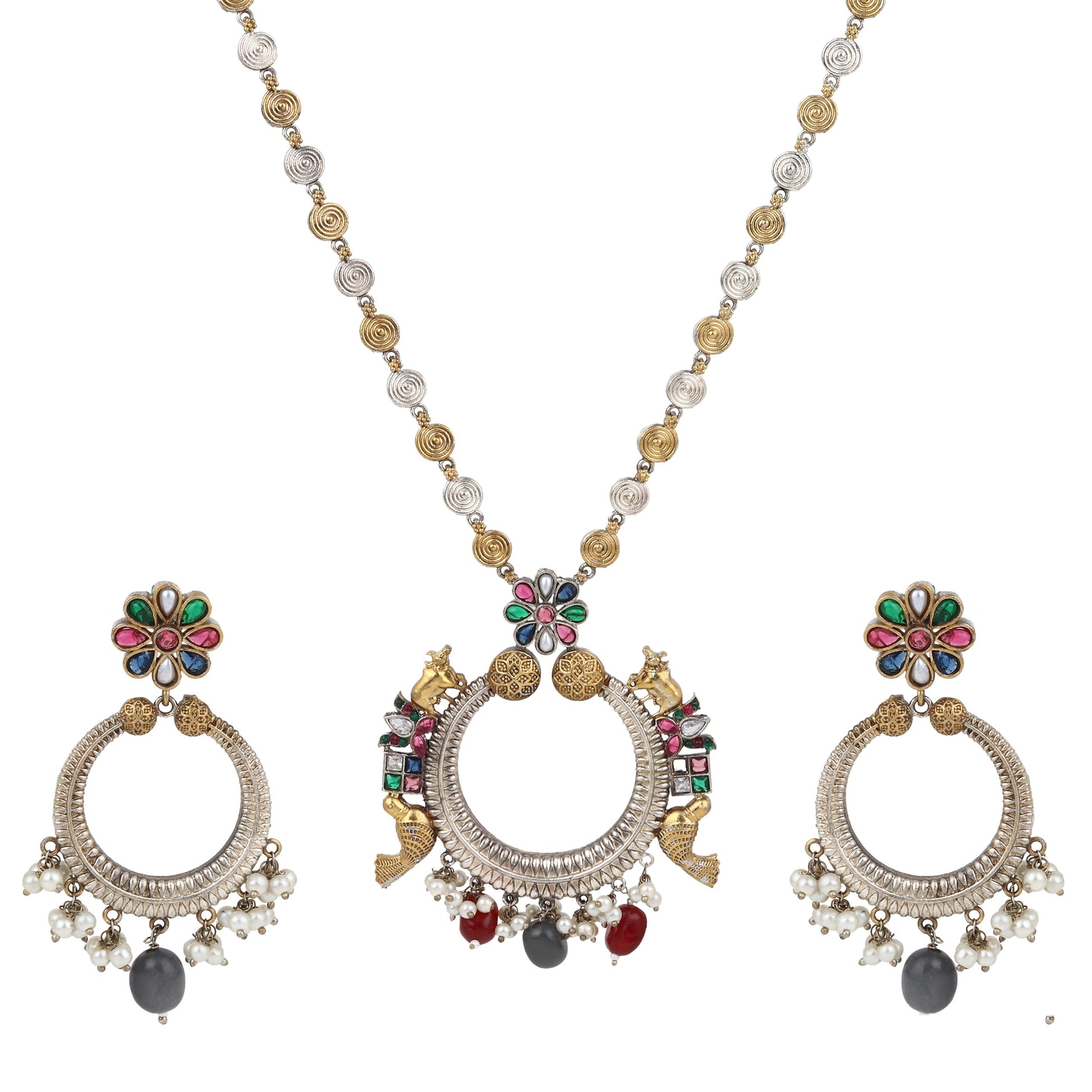 Gold and beige pendant necklace set, Mukta by Naitri, paired with matching earrings.