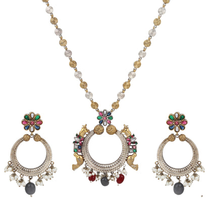 Gold and beige pendant necklace set, Mukta by Naitri, paired with matching earrings.