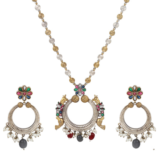Gold and beige pendant necklace set, Mukta by Naitri, paired with matching earrings.