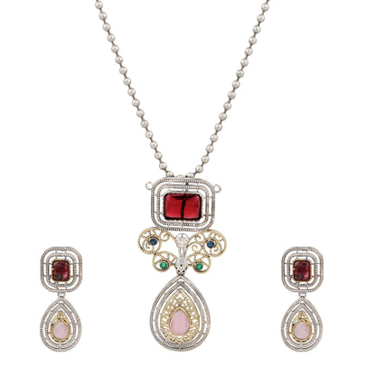 Red pendant necklace set, Vira by Naitri, statement jewelry on soft background.