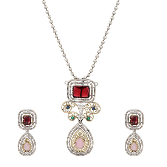 Red pendant necklace set, Vira by Naitri, statement jewelry on soft background.