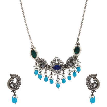 Silver and blue dangle necklace set, Amrita by Naitri, pendant style.