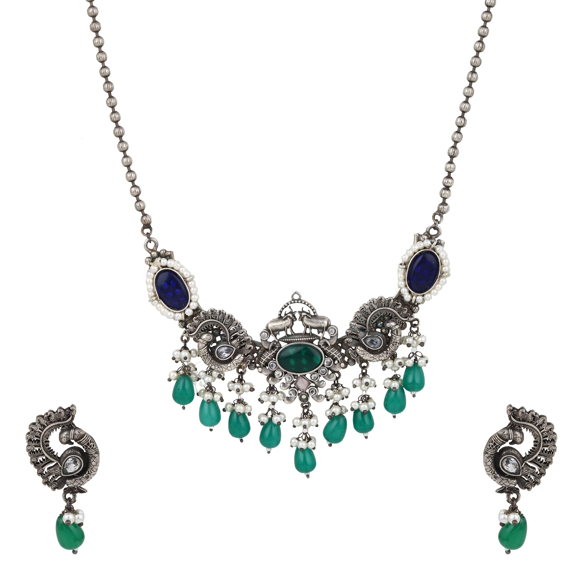 Green and silver pendant necklace set, Shyla by Naitri on white bust.