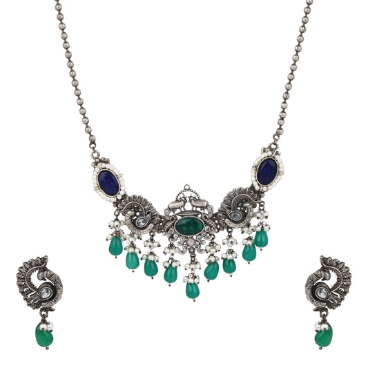 Green and silver pendant necklace set, Shyla by Naitri on white bust.