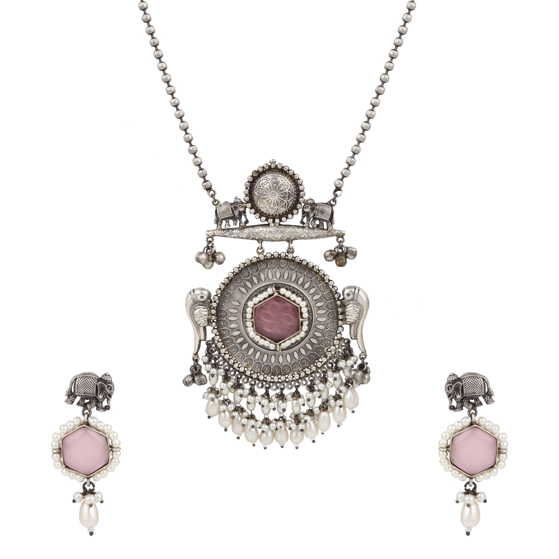 Silver, white, and pink pendant necklace set, Chandana by Naitri, displayed flat.