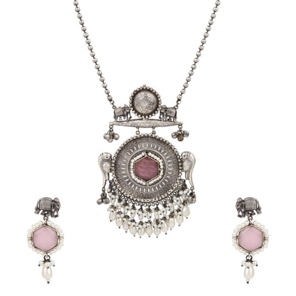Silver, white, and pink pendant necklace set, Chandana by Naitri, displayed flat.