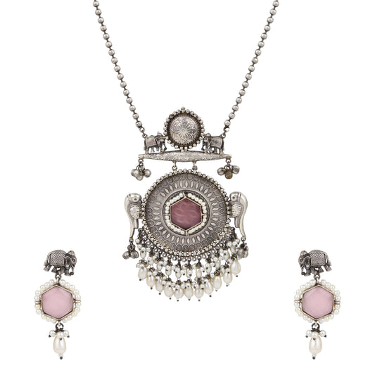 Silver, white, and pink pendant necklace set, Chandana by Naitri, displayed flat.