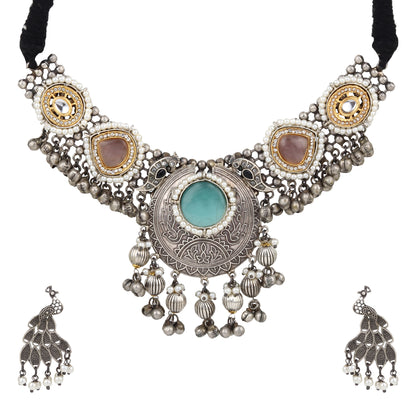 Multicolor beaded necklace set, Rangkriti by Naitri, on white display.