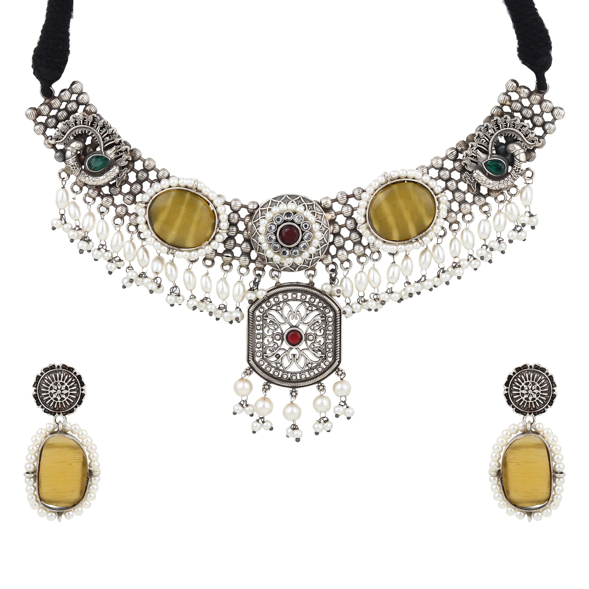 Yellow, multicolor and silver statement choker, Deveena by Naitri.