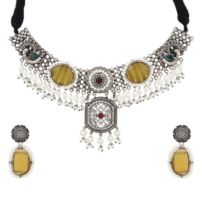 Yellow, multicolor and silver statement choker, Deveena by Naitri.