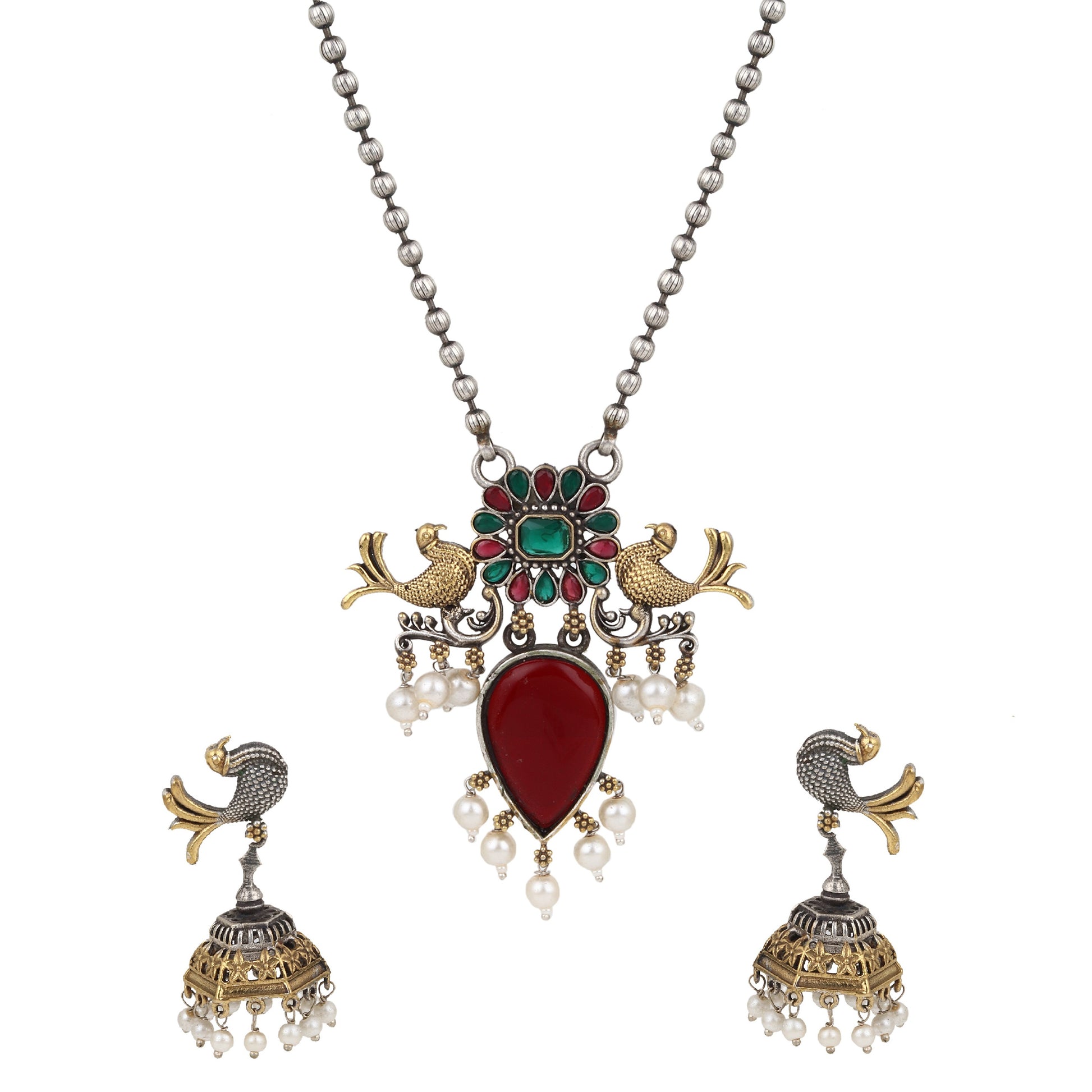 Silver, red and gold pendant necklace set, Preksha by Naitri, elegant traditional design.
