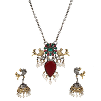 Silver, red and gold pendant necklace set, Preksha by Naitri, elegant traditional design.