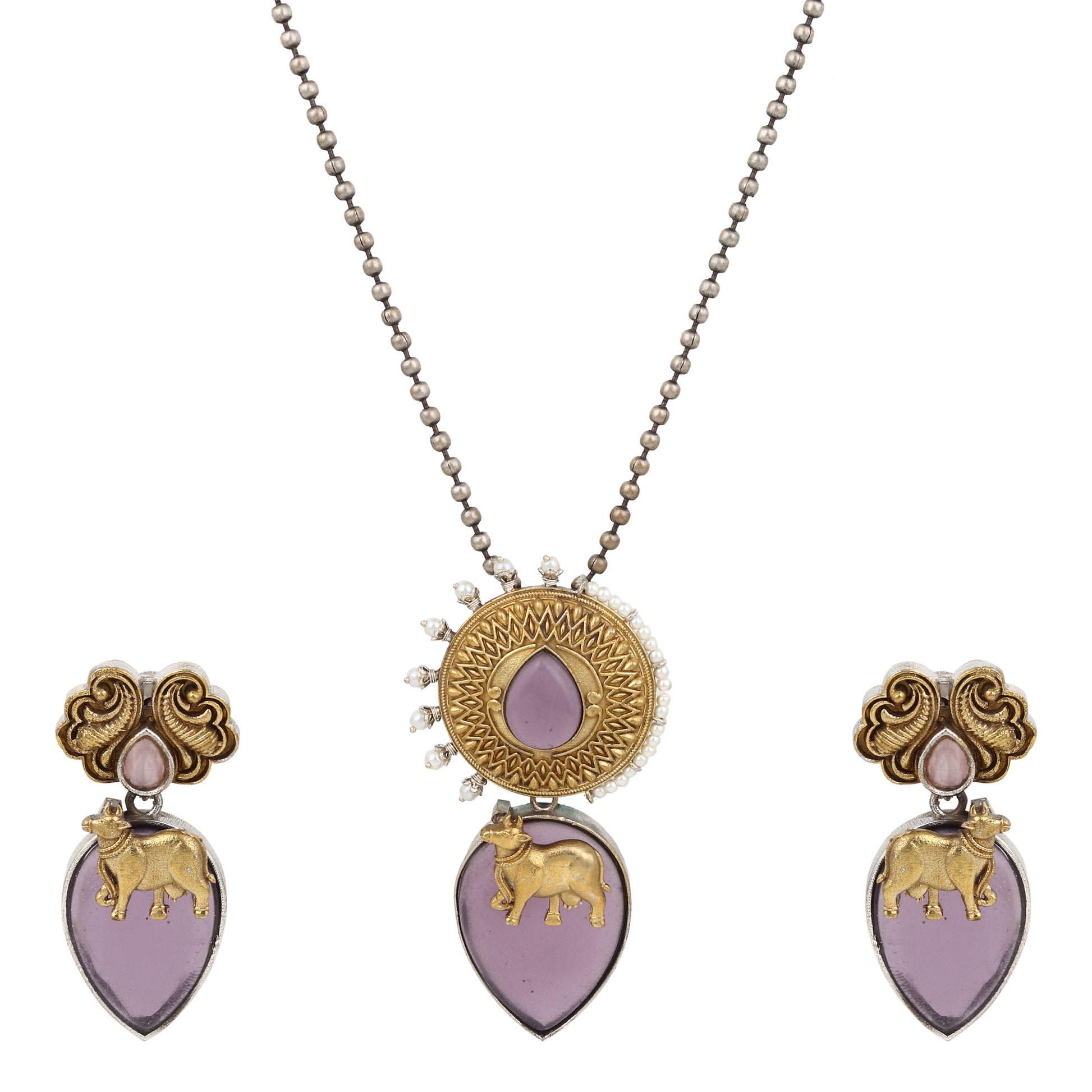 Dual-tone purple and gold necklace set, Ishani by Naitri, statement centerpiece.