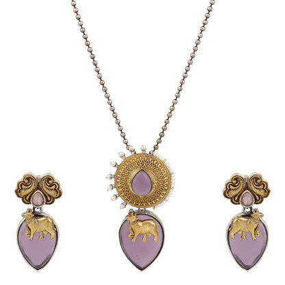 Dual-tone purple and gold necklace set, Ishani by Naitri, statement centerpiece.