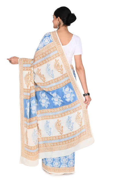 A close-up image of a white cotton textile with repeating blue flower patterns and a horizontal band of orange paisley motifs by naitri.in