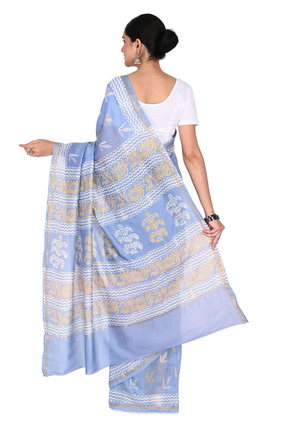 Hand block printed cotton-silk saree in light blue with traditional artisanal patterns from Madhya Pradesh by naitri.in