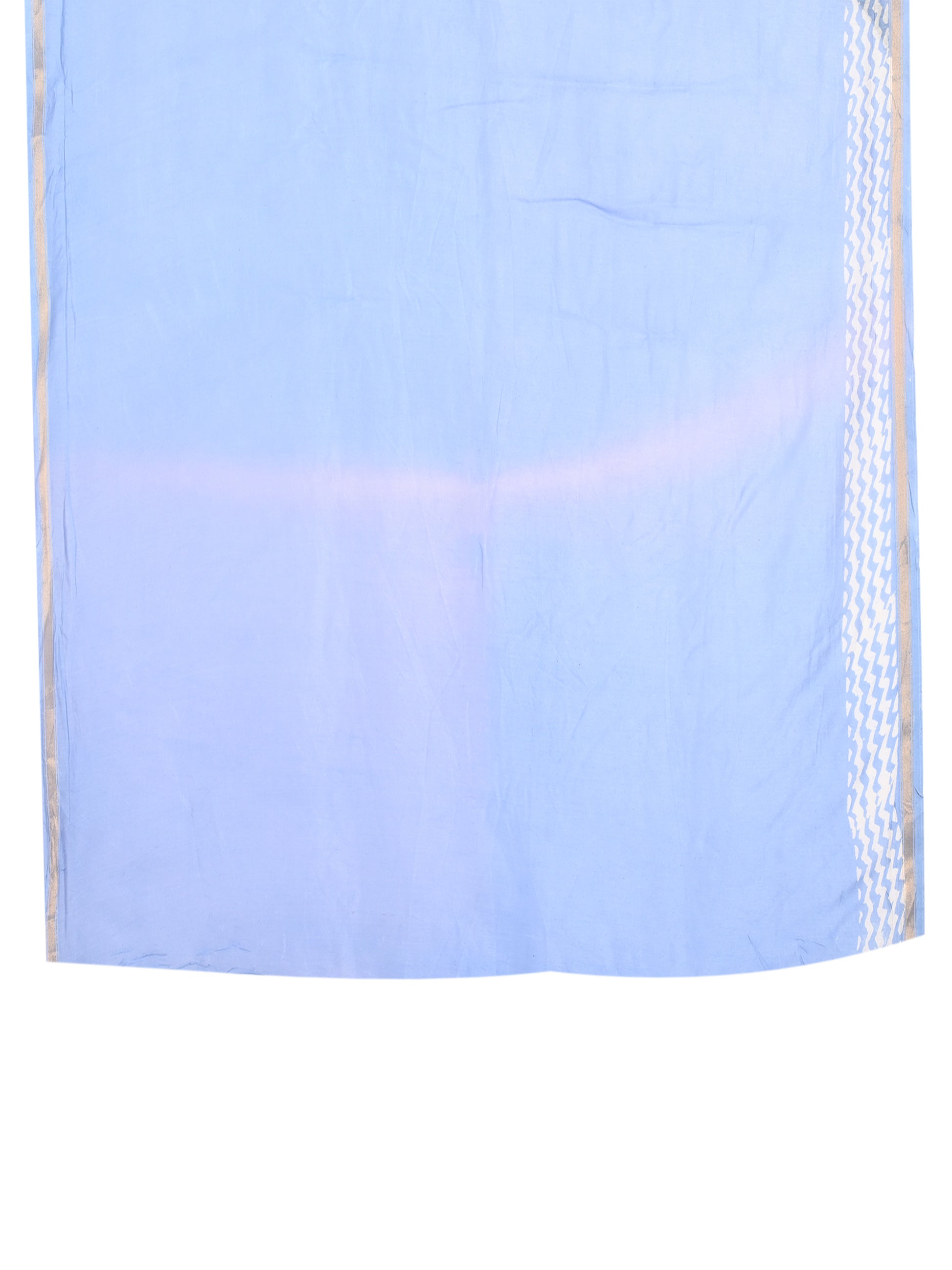 Light blue and white hand-block printed cotton-silk saree with gold accents blouse by naitri.in