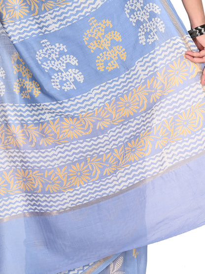 Close-up style view of a sky blue cotton-silk saree featuring intricate white hand-block floral patterns and a subtle sheen, draped in a classic style pallu by naitri.in