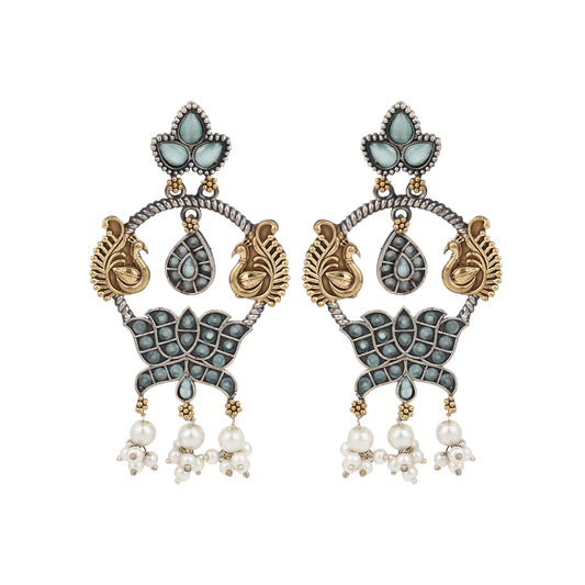 Gold, red and blue dangle earrings, Shriya by Naitri, handcrafted ethnic look.