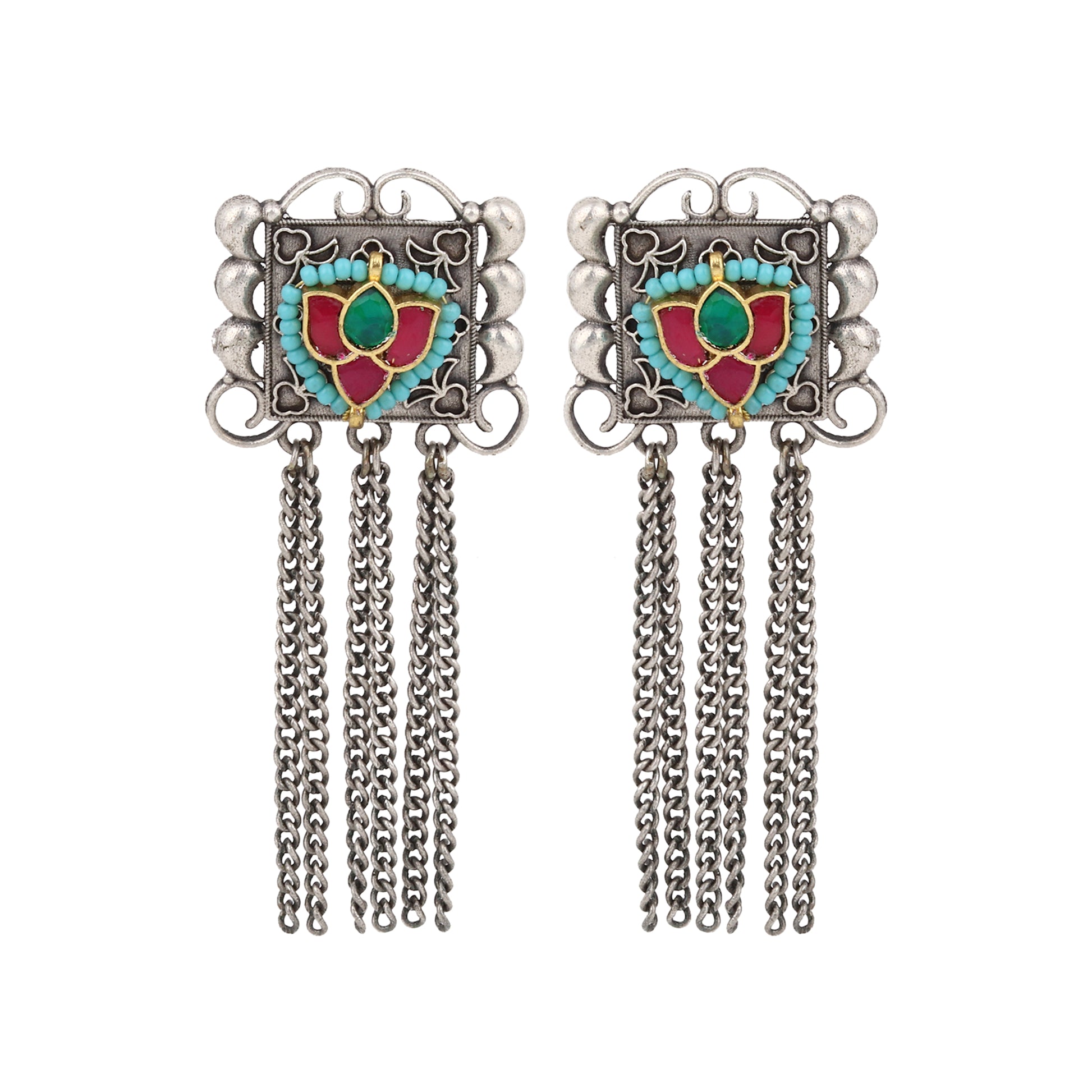 Silver and red stud earrings, Mairu by Naitri, dual tone finish for festive wear.