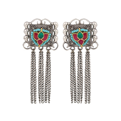 Silver and red stud earrings, Mairu by Naitri, dual tone finish for festive wear.