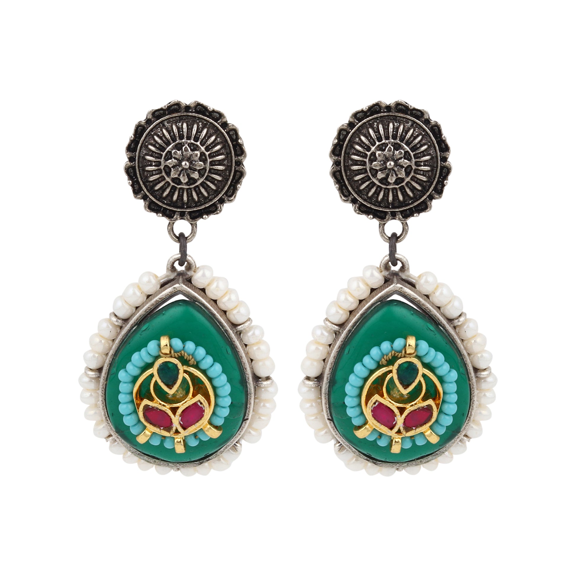 Red and green stud earrings, Megha by Naitri, traditional festive look.