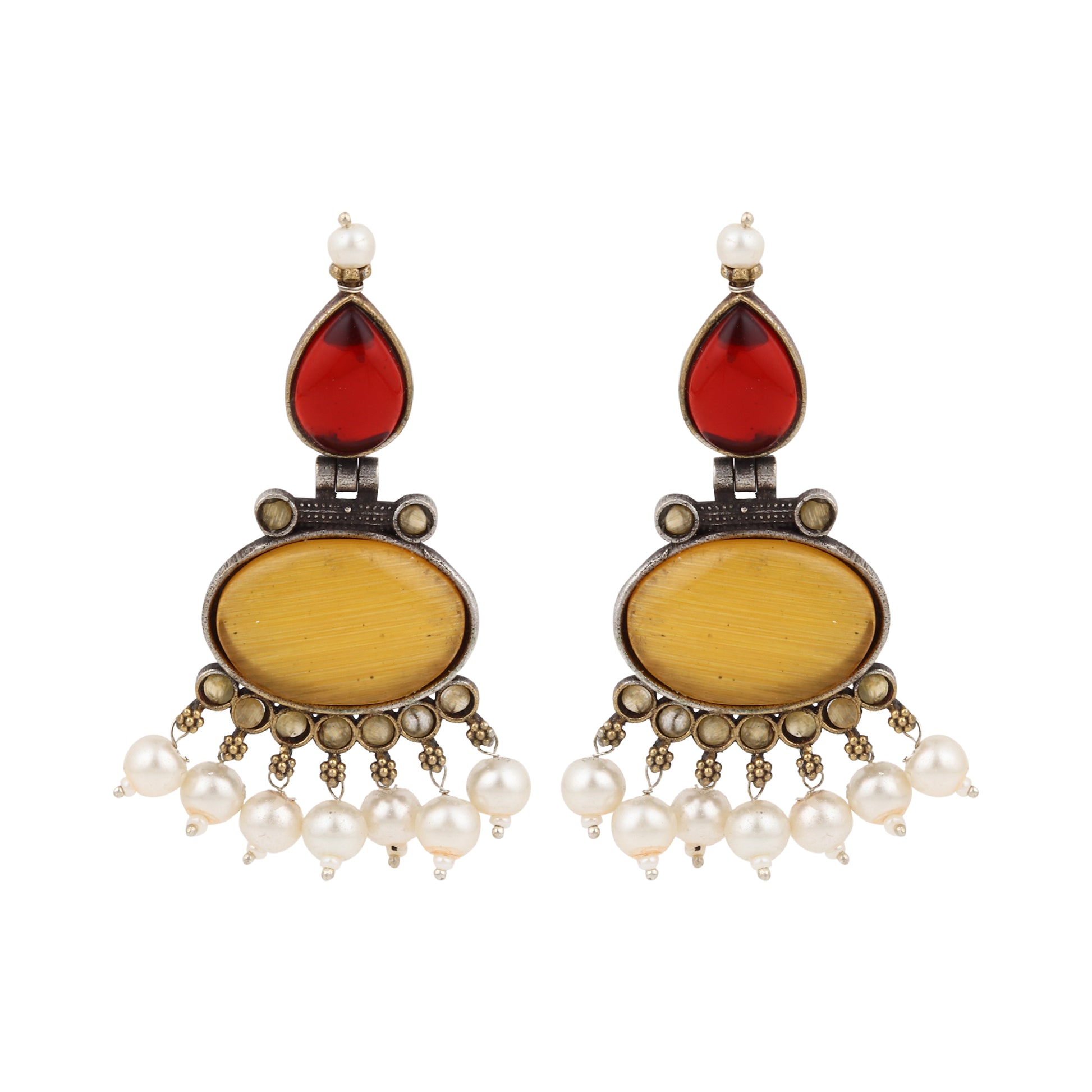 Red and yellow stud earrings, Bindu by Naitri, festive colorful design.