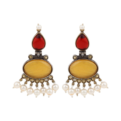 Red and yellow stud earrings, Bindu by Naitri, festive colorful design.