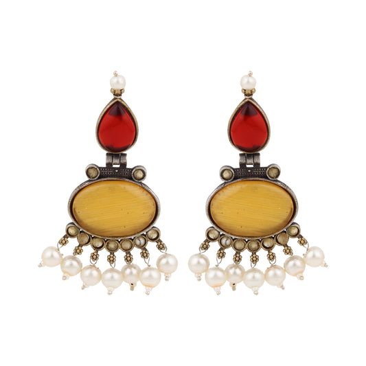 Red and yellow stud earrings, Bindu by Naitri, festive colorful design.
