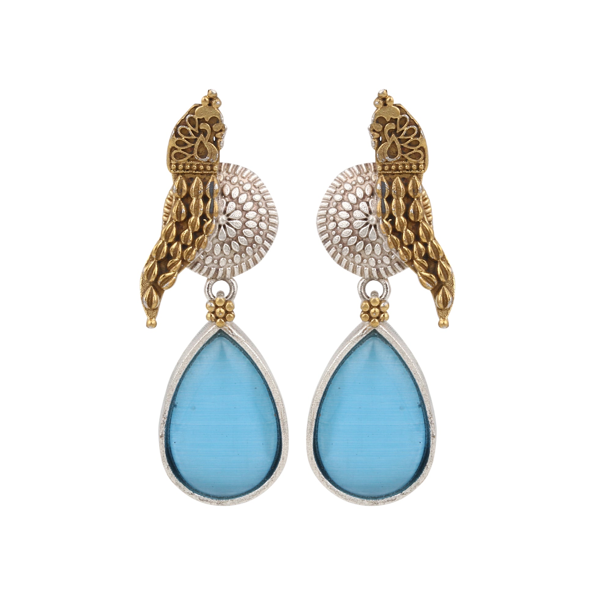 Red and blue stone dangle earrings, Pakhi by Naitri, oxidised brass jewelry.