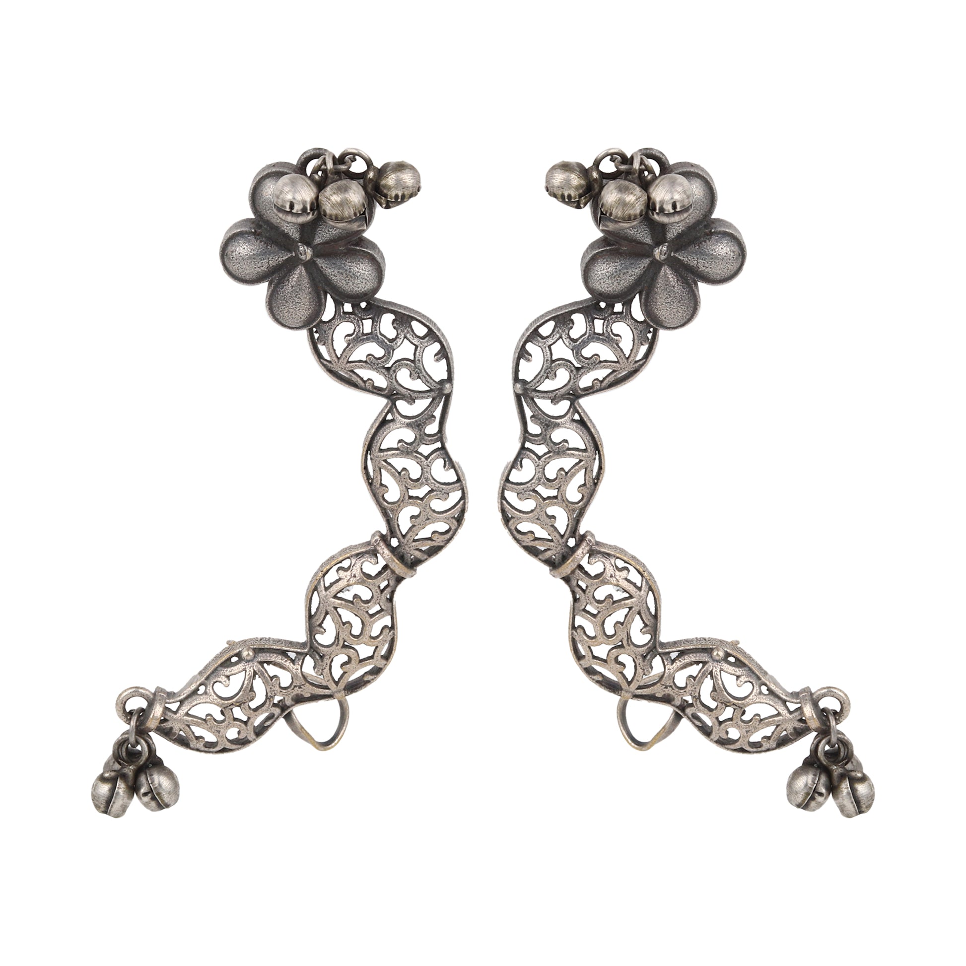 Silver ear cuff earrings, Rekha by Naitri, floral stud dangle design.