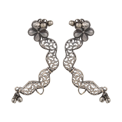 Silver ear cuff earrings, Rekha by Naitri, floral stud dangle design.