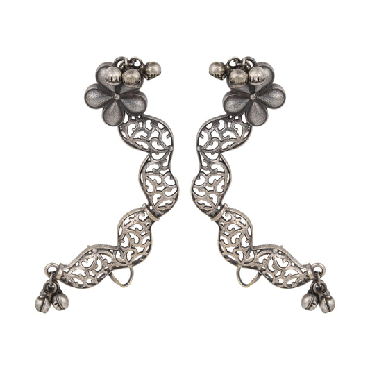 Silver ear cuff earrings, Rekha by Naitri, floral stud dangle design.
