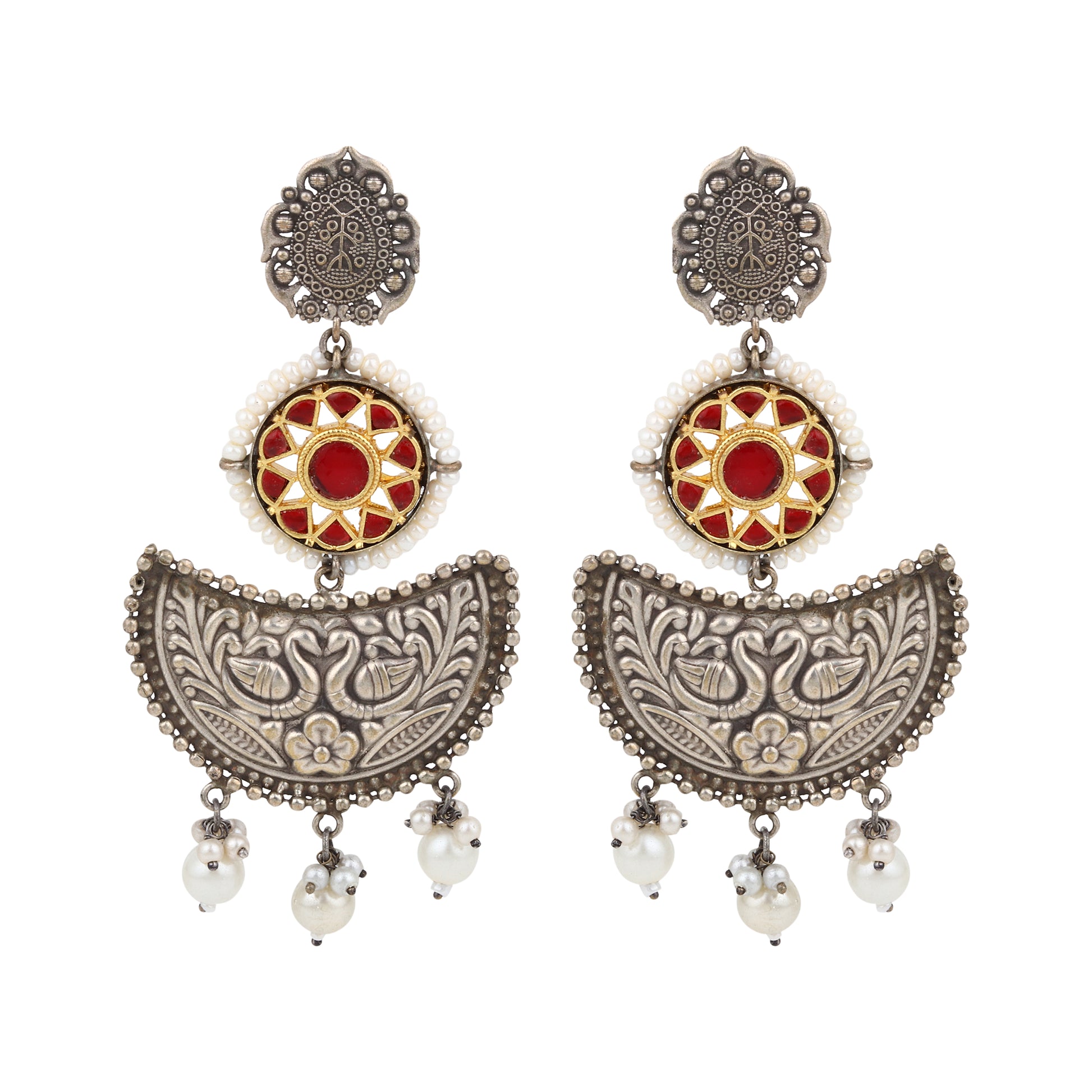 Silver-tone stud earrings, intricate oxidized design, shown on white background