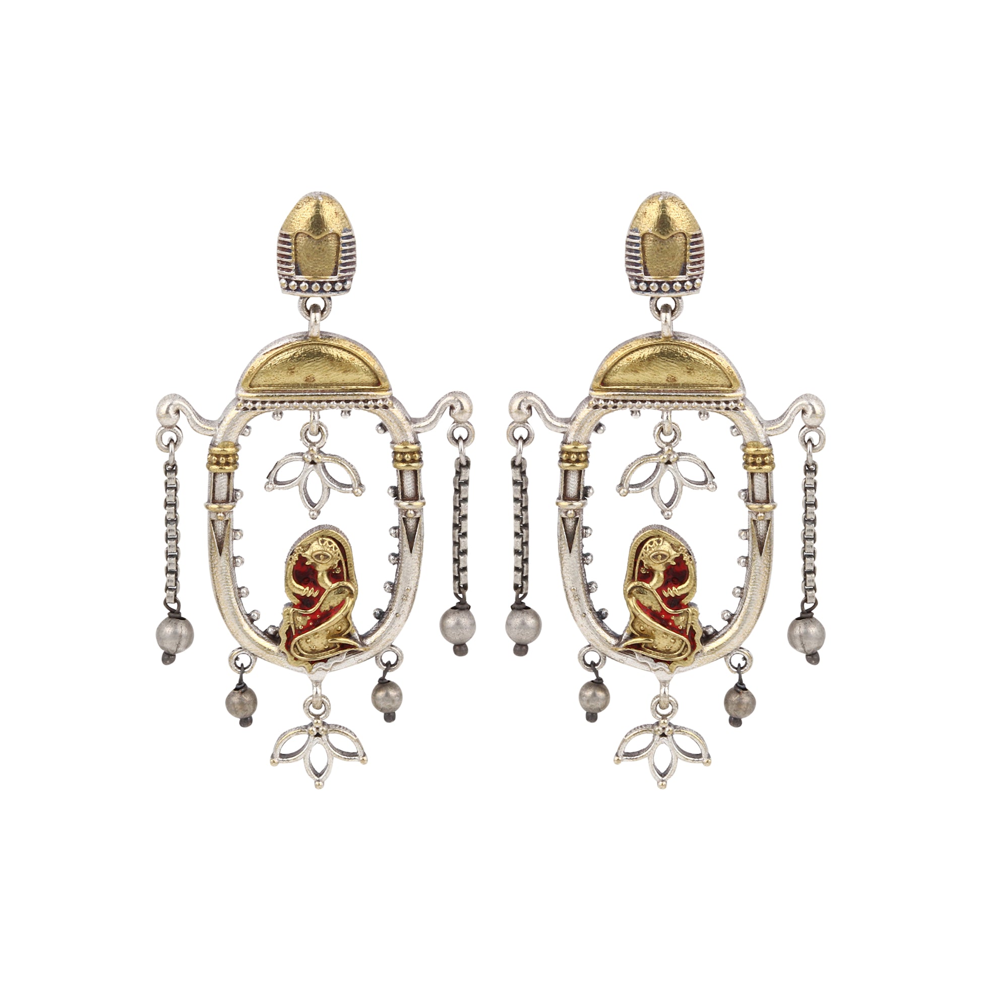 Red and gold stud earrings with bold stone embellishments