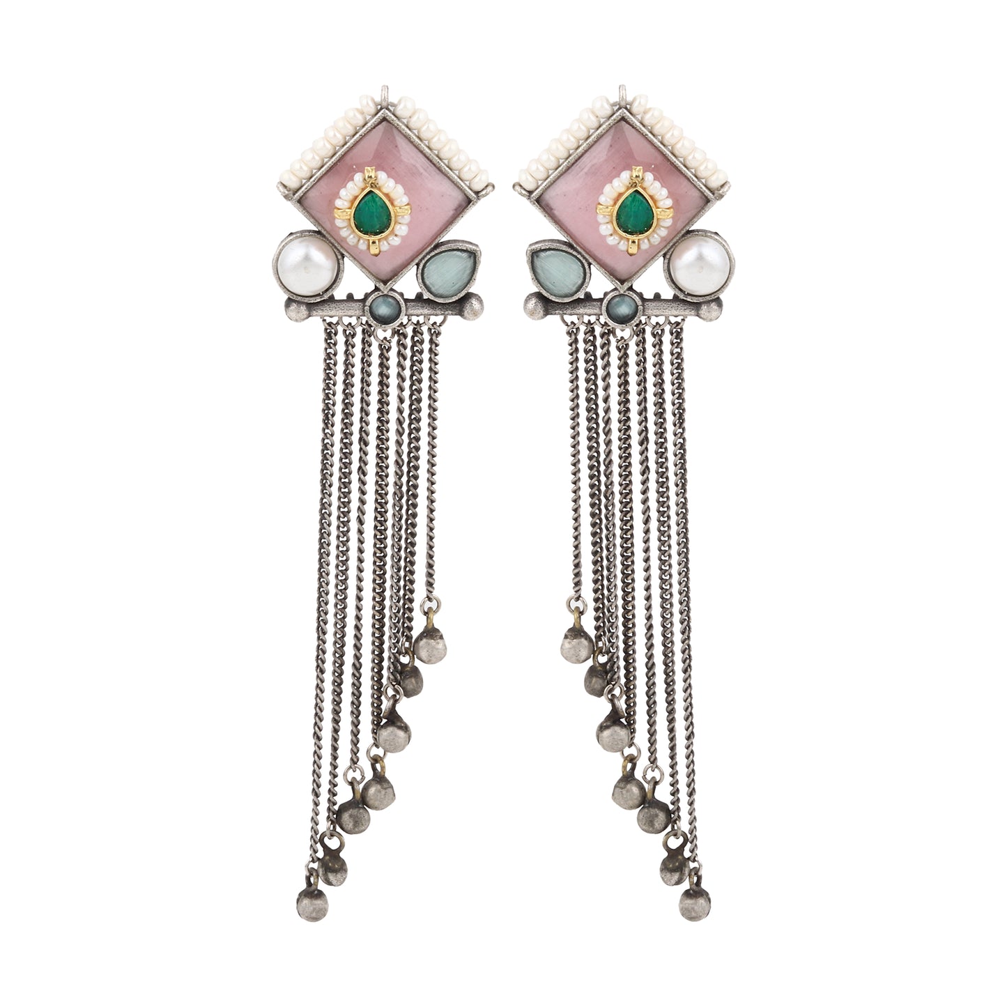 Red and pink stud earrings, Kajal by Naitri, stone design on white.