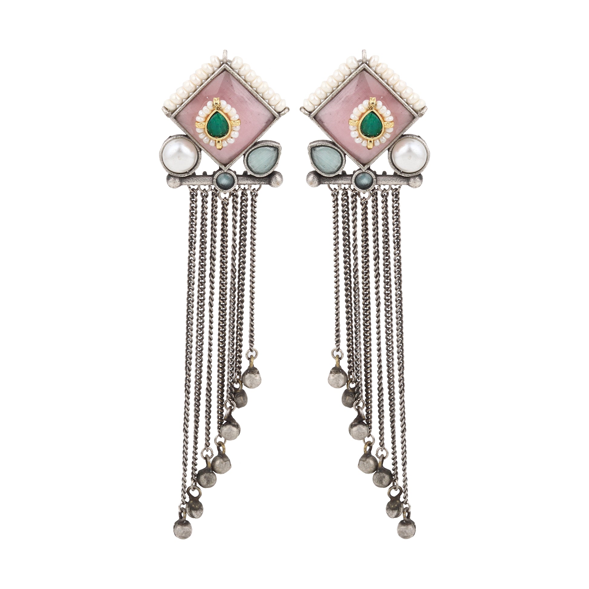 Red and pink stud earrings, Kajal by Naitri, stone design on white.
