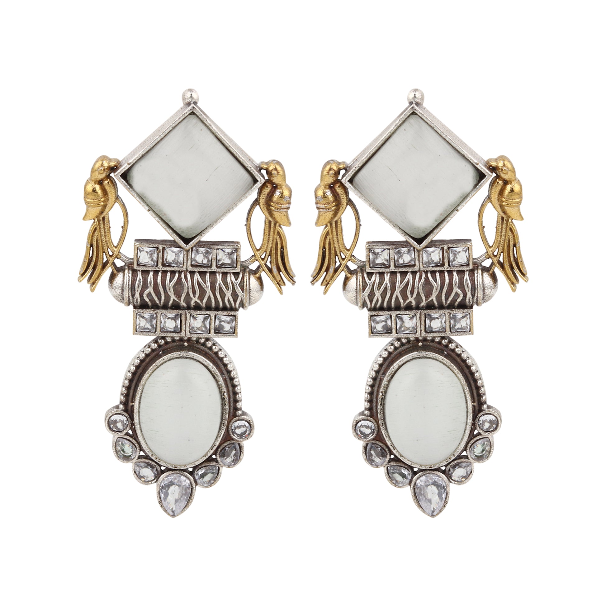 Gold and white dangle earrings, Cheena by Naitri, ethnic style shown upright.
