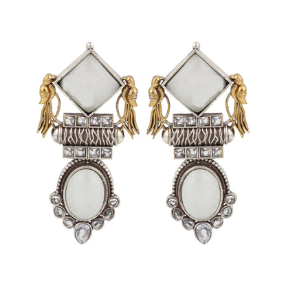 Gold and white dangle earrings, Cheena by Naitri, ethnic style shown upright.