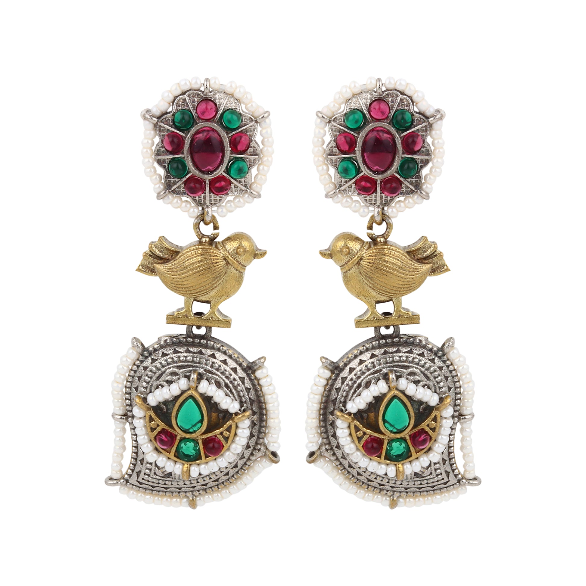 Red and silver stud earrings, Rimisha by Naitri, festive design on display.