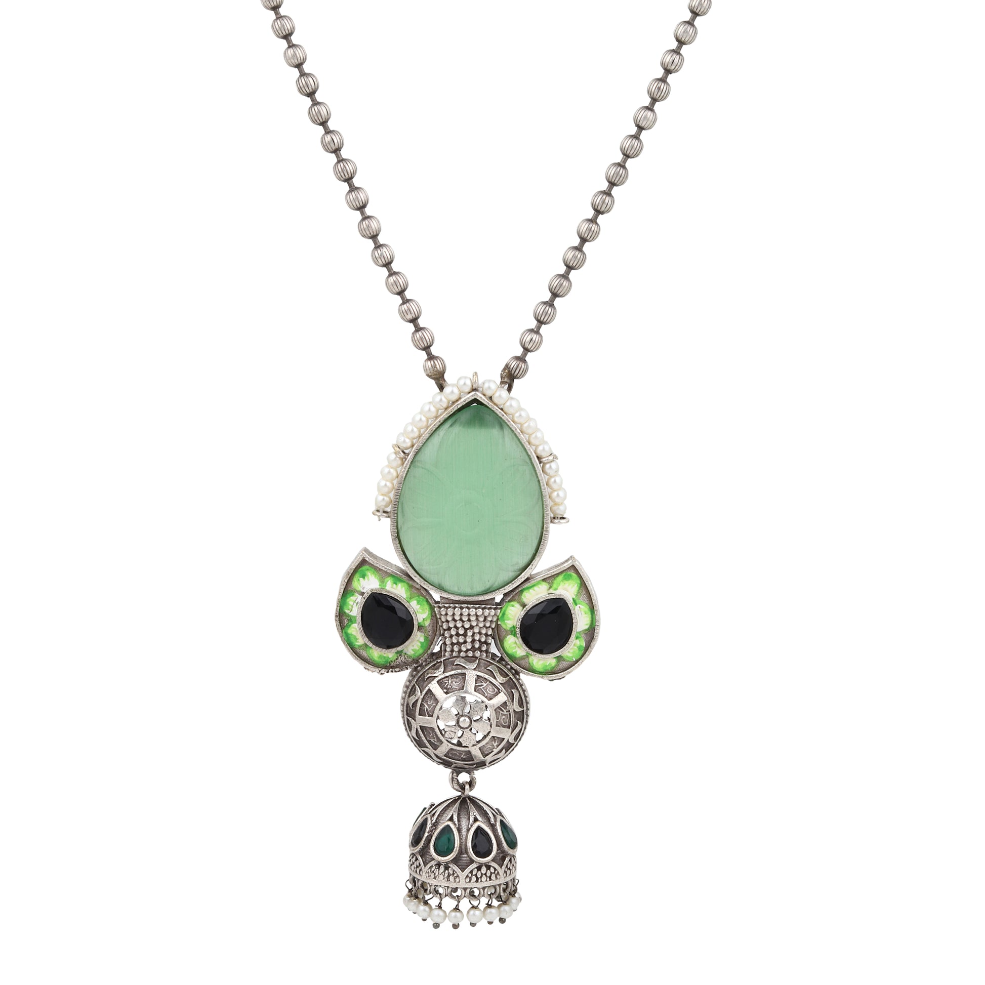 Green and red statement necklace set, Oni by Naitri, drop style seen on bust.