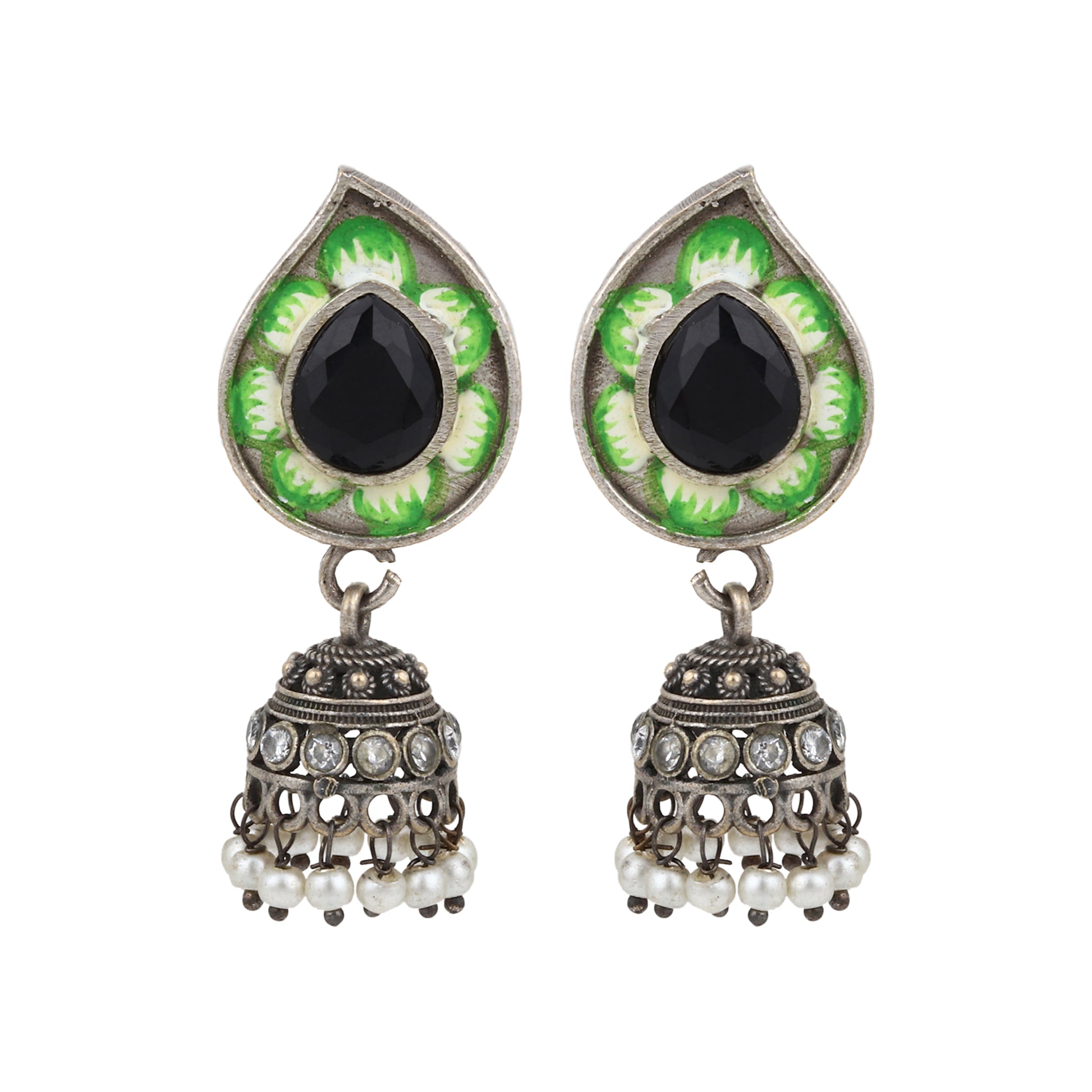 Green and red statement necklace set, Oni by Naitri, drop style seen on bust.